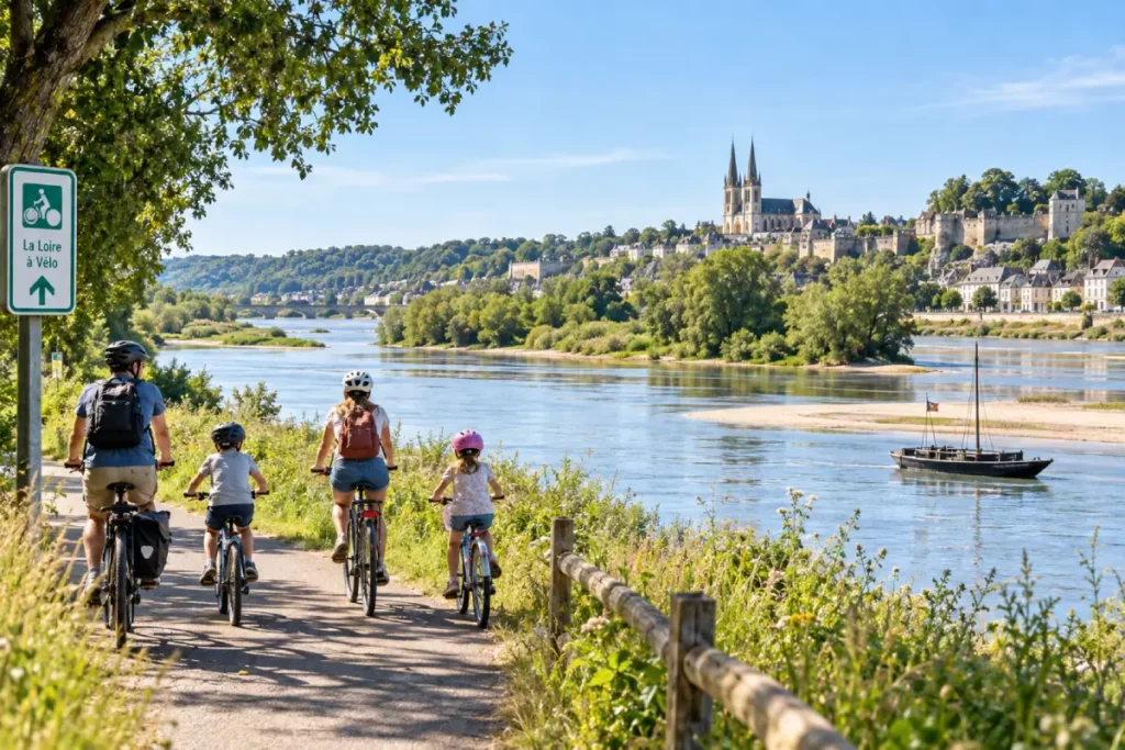 Famille à vélo sur la Loire à Vélo en Anjou face à Saint-Florent-le-Vieil